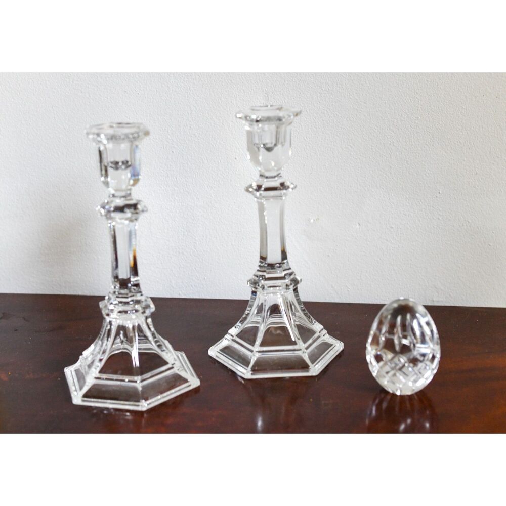 Vintage Crystal Glass Candlestick Pair 8 Inch | Hexagonal Base Faceted Stem